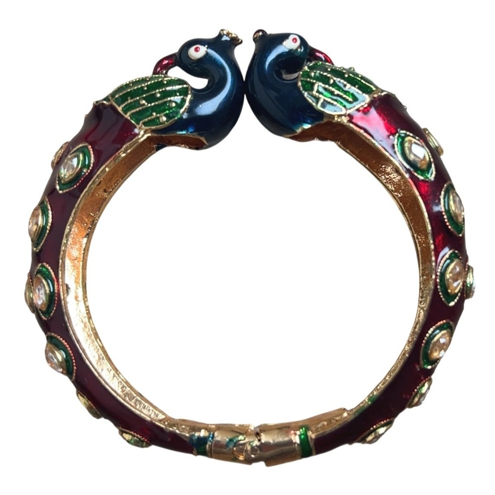 VTG Peacock Cloisonne Gold Tone Hinged Enamel Bracelet